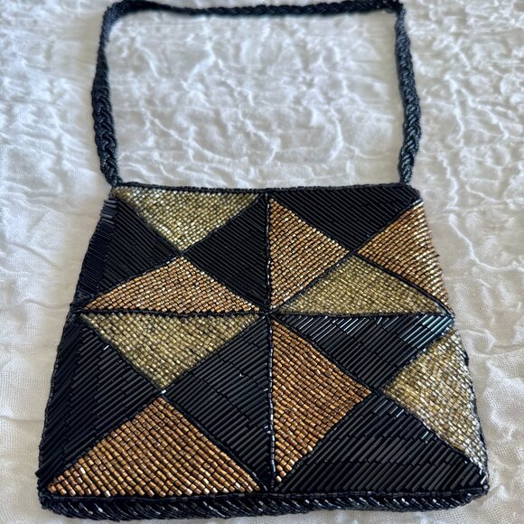 Vintage Beaded Black and Gold Metallic Evening Bag - Picture 1 of 11
